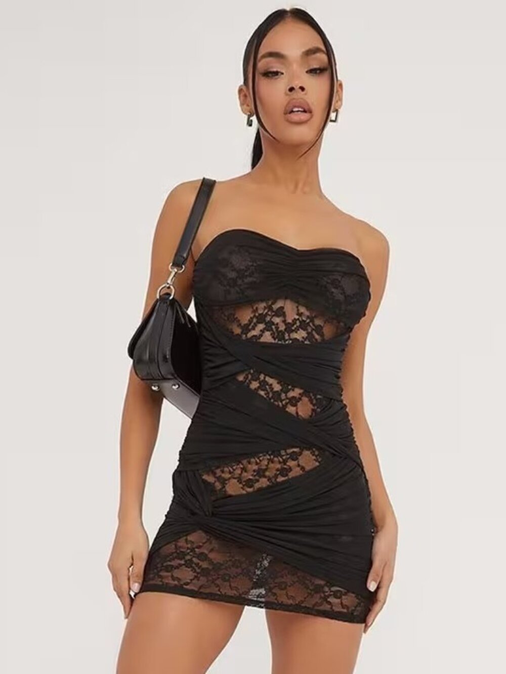 Ego Black Lace Ruched Bust Bandeau Strapless Slinky Knot Bodycon Mini Dress